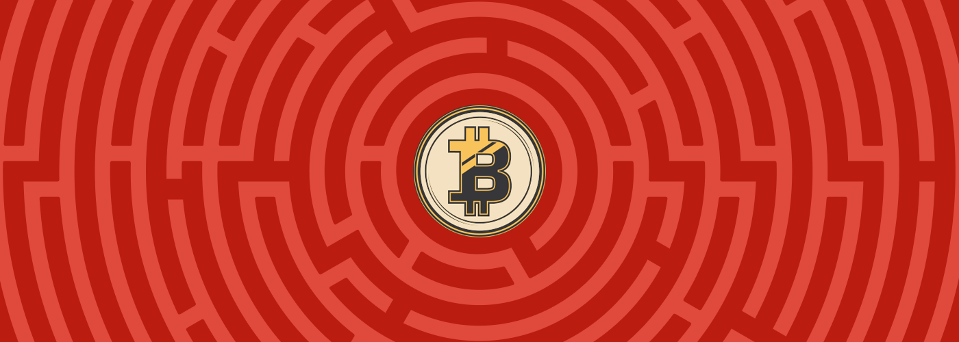 A Bitcoin symbol at the center of a red maze