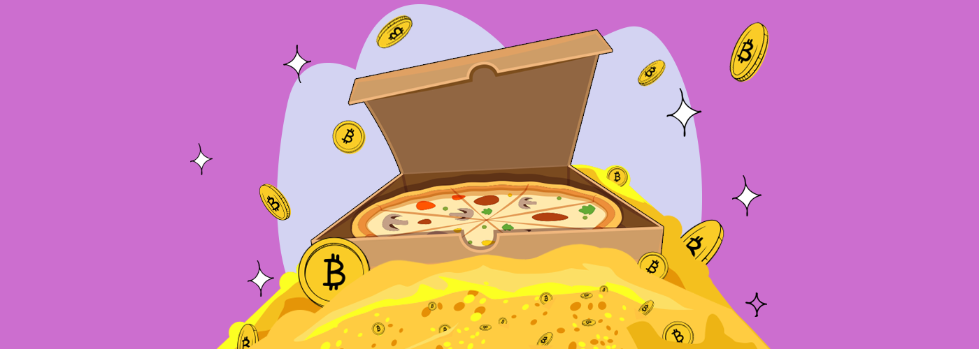 A vegetarian, cartoon pizza sitting atop a pile of Bitcoin on a purple background