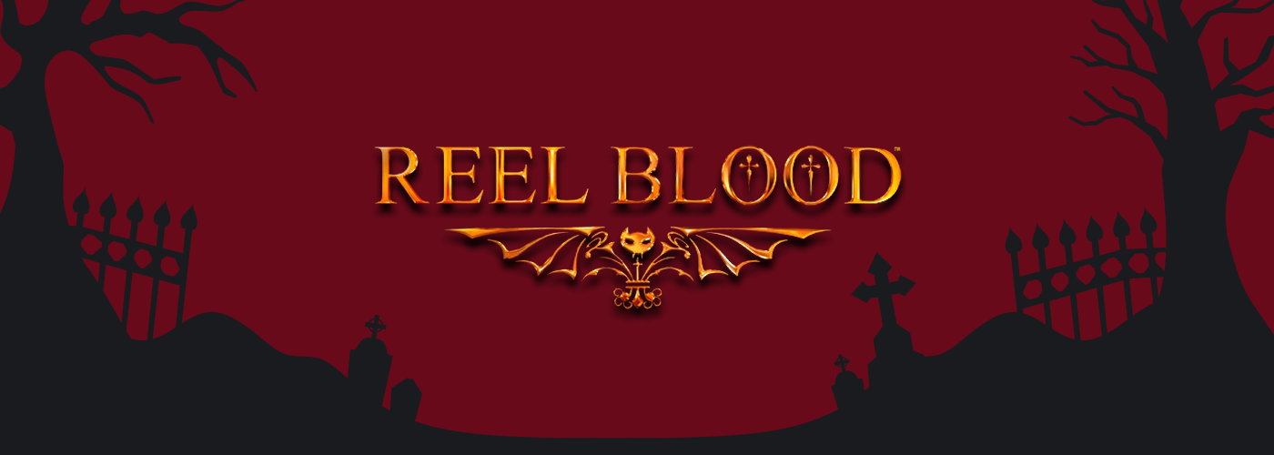 Cafe Casino’s Reel Blood logo in gold with the skeleton of a cartoon bat underneath, set on a blood red background with the outline of a graveyard.