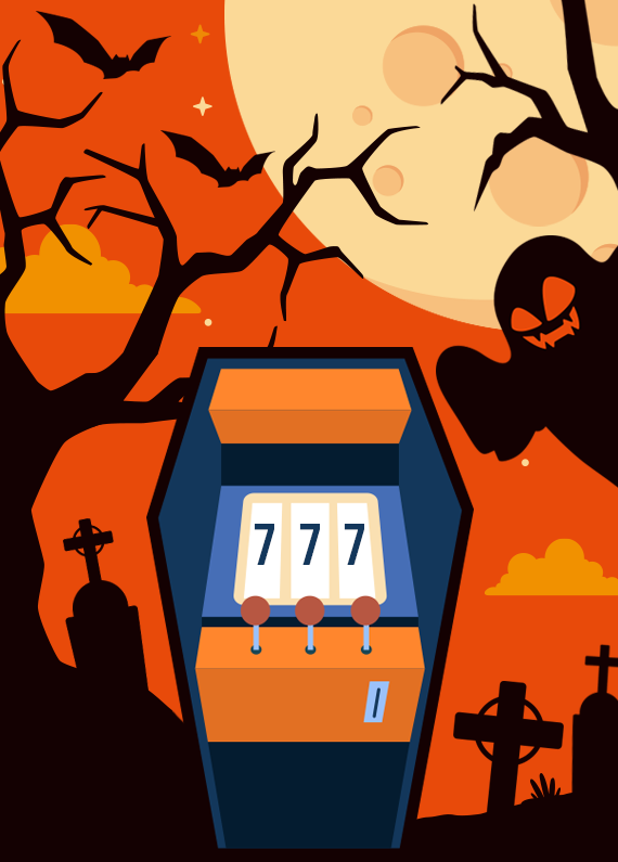 A slot machine in the shape of a coffin set in a graveyard as a spooky ghost appears in the background