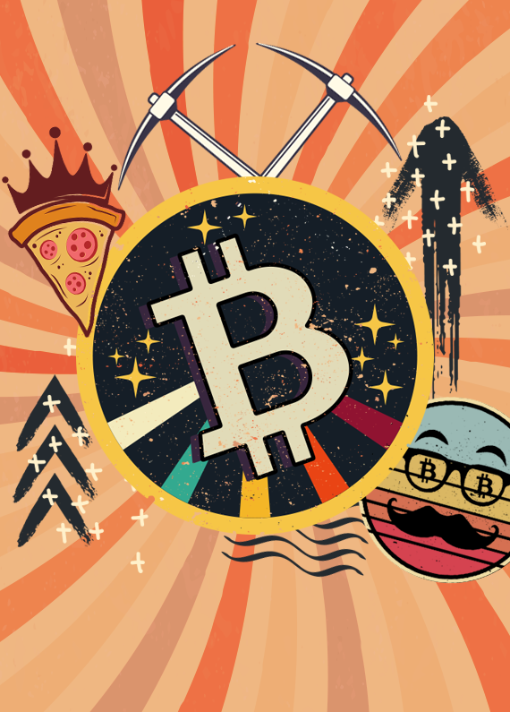 A Bitcoin symbol with an arrow pointing up beside it, a smiling face wearing a disguise, a pizza slice and mining picks, which representing elements of cryptocurrency