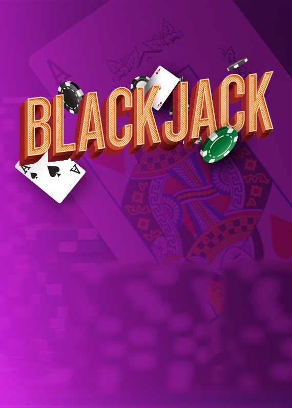 Blackjack written in gold Vegas style letters, with playing cards and chips lining it
