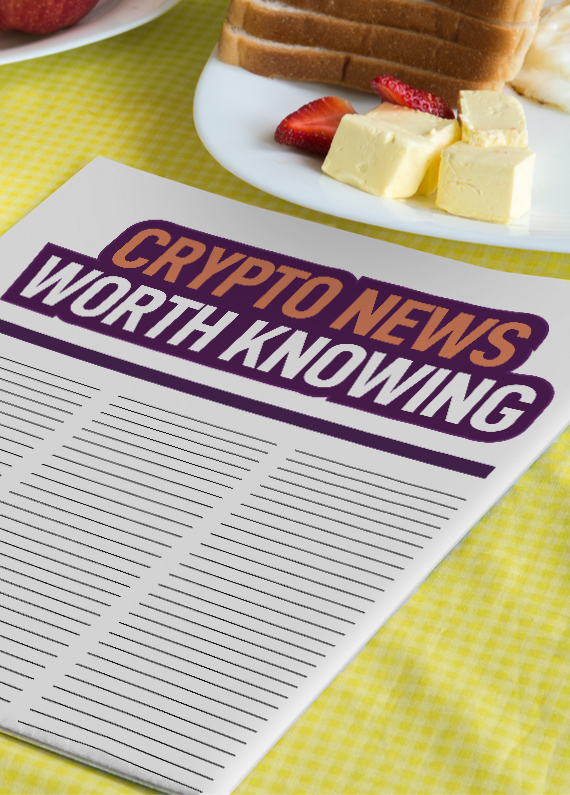 A newspaper sits on a table with a yellow tablecloth, surrounded by breakfast condiments and a plate with butter and strawberries, with the headline Crypto News Worth Knowing.