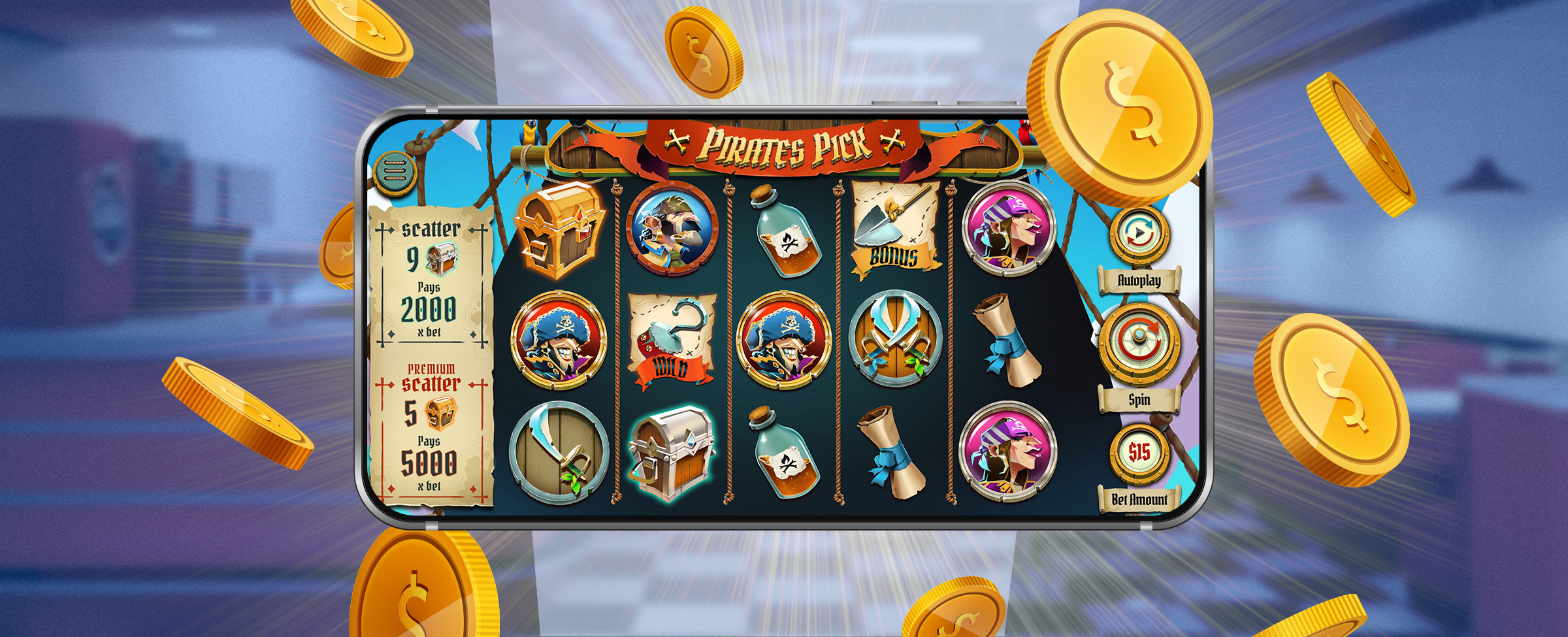 A mobile phone showing a screenshot of the Cafe Casino slot game Pirate’s Pick, against the background of an out-of-focus 50s American diner, and with gold coins falling around it.