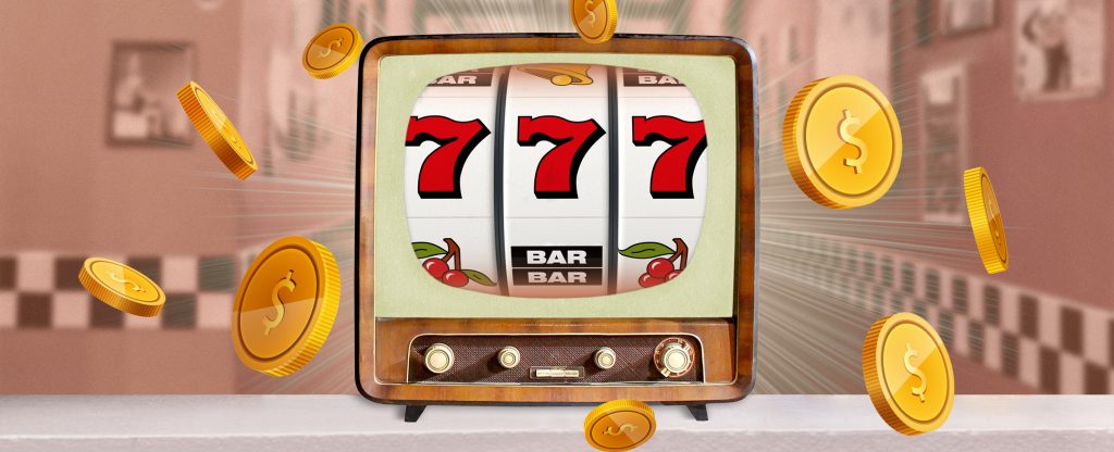 An old fashioned television set showing a classic slot game at Cafe Casino sits atop a white countertop with coins beaming from it, with the faint appearance of an old diner in the background