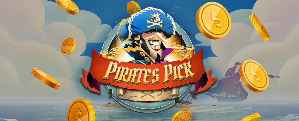 The logo of the Cafe Casino slot game Pirate’s Pick is center image, featuring a cartoon character of a pirate, with the text Pirate’s Pick overlaid on a banner, with a background of an ocean and low-lying clouds, with cold coins hovering around the logo.