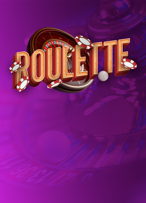 The word ROULETTE written in gold block letters in front of a roulette wheel on a purple background