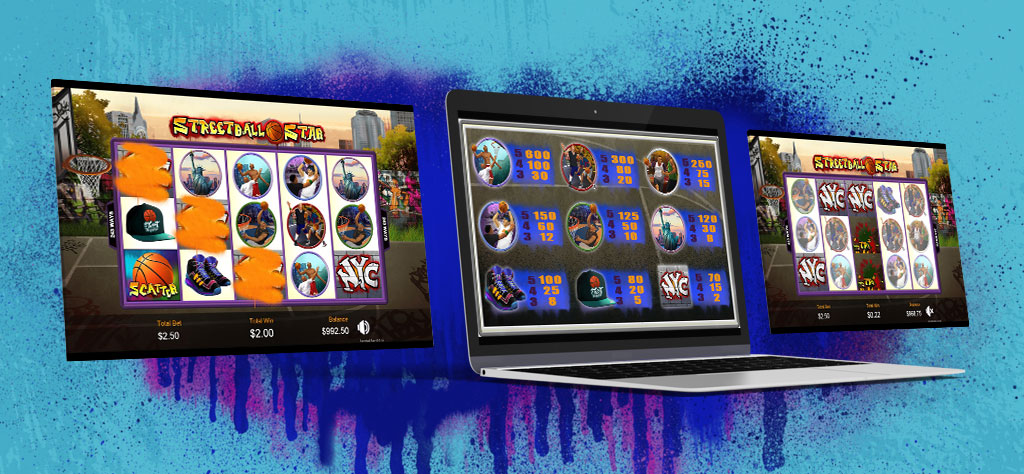 A laptop featuring Streetball Star slot from Cafe Casino, set between two screens showcasing slot features, in front of a blue background with purple spray paint.