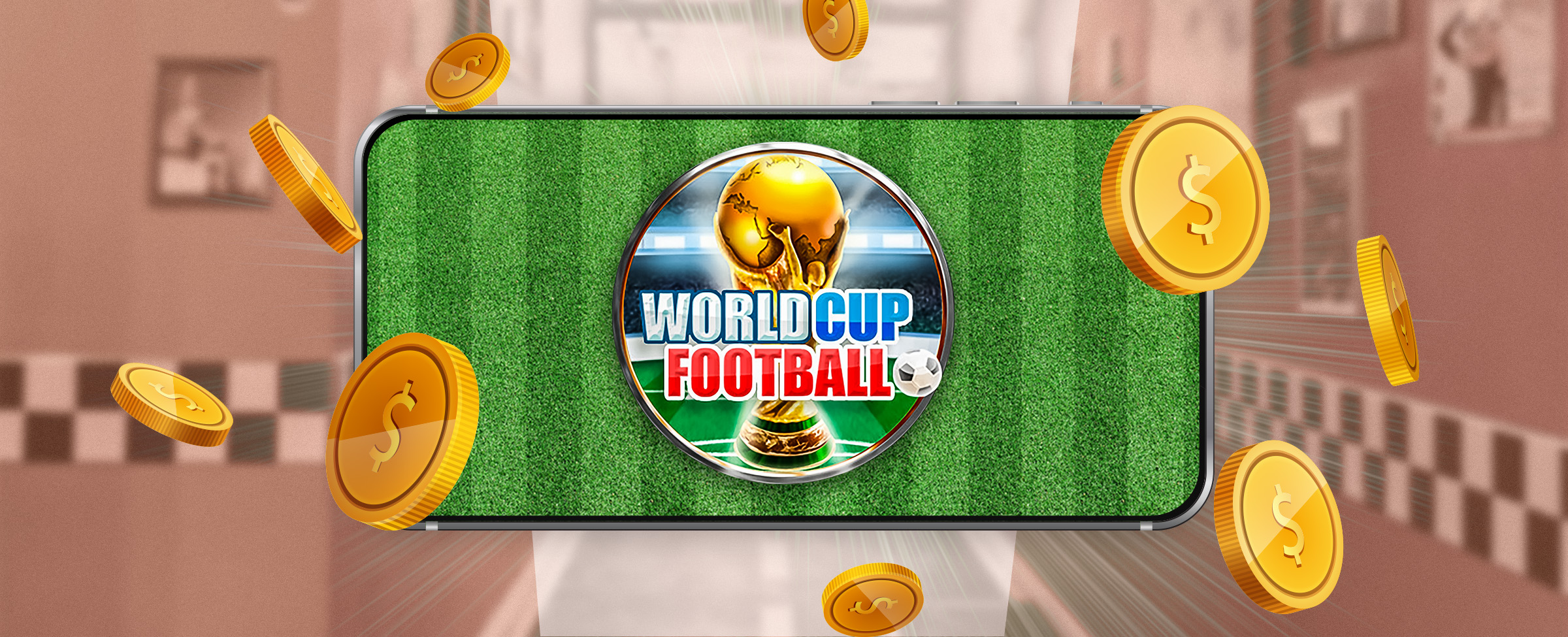 The Cafe Casino slot game World Cup Football is featured on the screen of a mobile phone surrounded by floating gold coins, with a faintly visible image of an old diner in the background