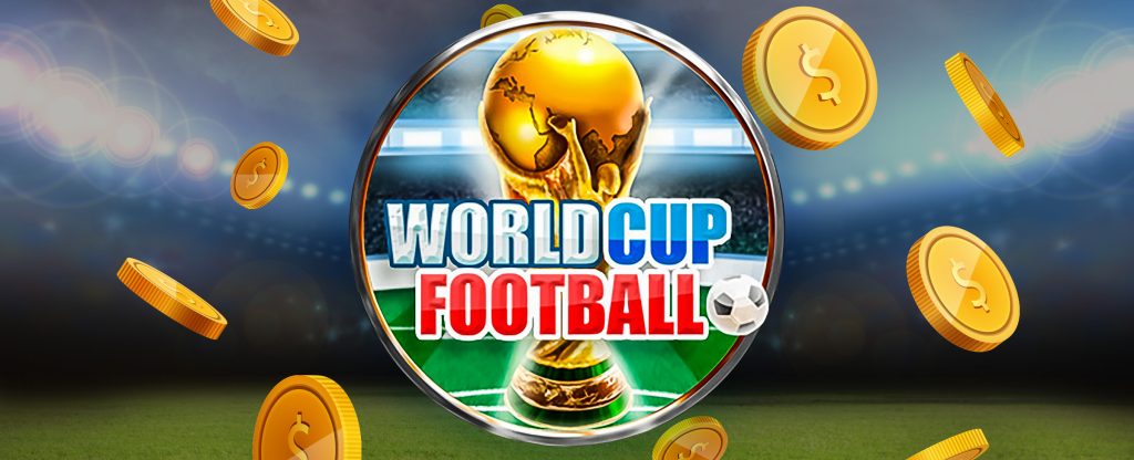 Logo of the Cafe Casino slot game World Cup Football, featuring an illustration of a gold trophy and soccer ball on a soccer field, bearing the words ‘world cup football’, overlaid on a blurred background of a football field, surrounded by hovering gold coins.