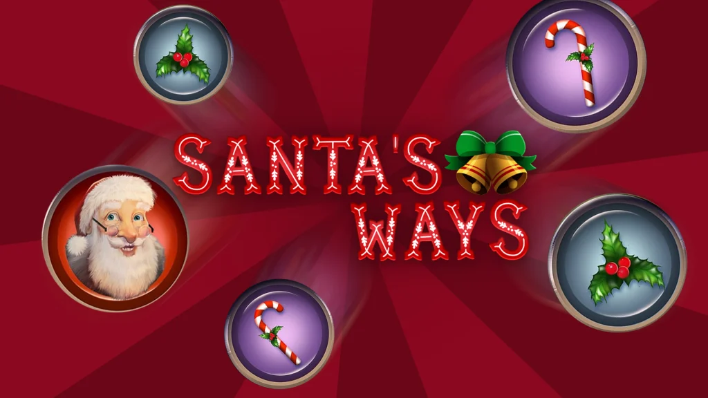 The Santa’s Ways Hot Drop Jackpots logo from the Cafe Casino slot game of the same name is in the middle. Slots symbols surround it.