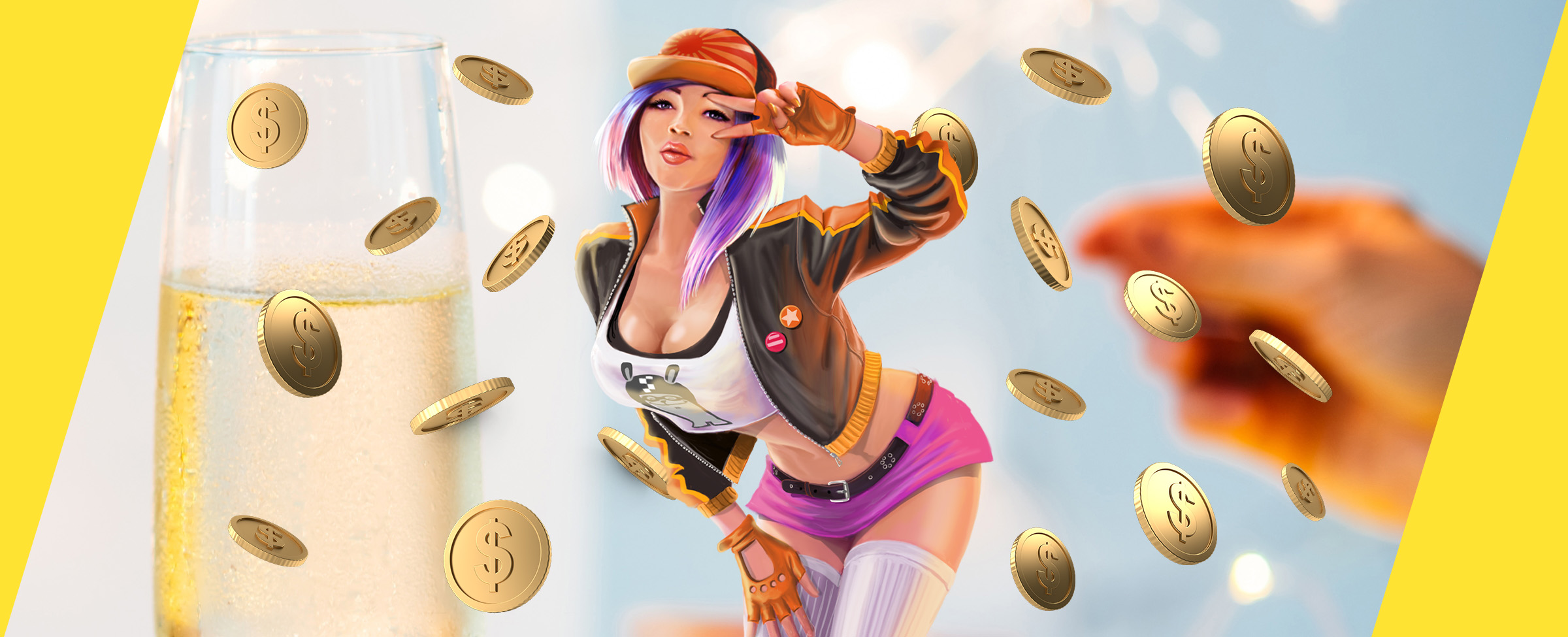 A 3D-animated girl in her twenties is featured in the center of the image, wearing edgy clothing, and bending forward slightly with one hand held up to her eye in a peace gesture. Floating in the air are gold coins, while a champagne glass is seen in the background.