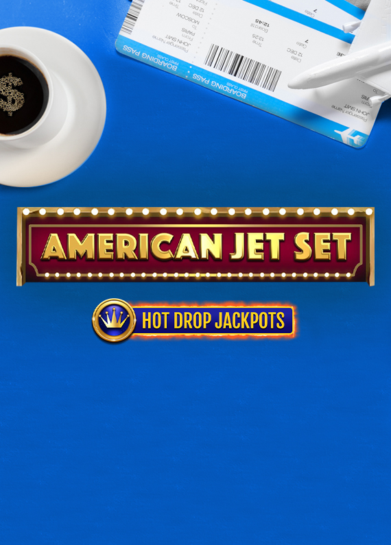 The logo from the Cafe Casino slot game “American Jet Set Hot Drop Jackpots” is featured prominently, while above, a small white plastic toy airplane rests on a flight ticket, accompanied by a white saucer and cup, filled with black coffee and bearing the mark of a dollar sign sprinkled in gold.