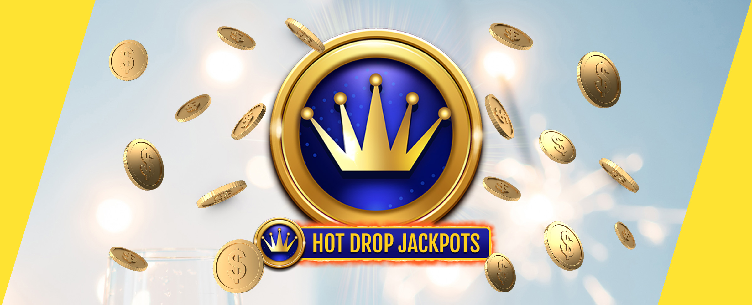 A large logo featuring Cafe Casino’s Hot Drop Jackpots is positioned in the center of the image, surrounded by floating gold coins, set against a blue-tinged background with bright lights.