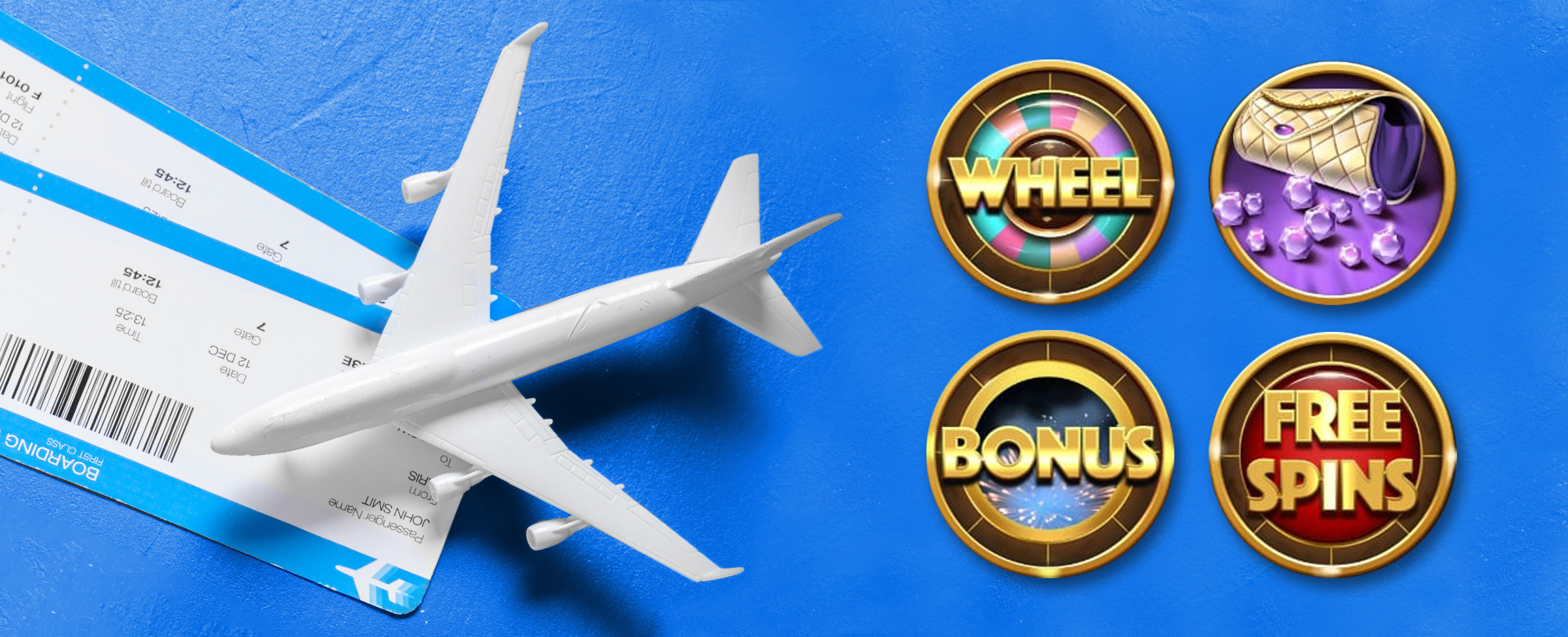 A small white plastic toy airplane rests on two flight tickets on a blue table surface, while four illustrated icons are featured - one showing a handbag with purple jewels, the other three featuring words including “wheel”, “bonus”, and “free spins”.