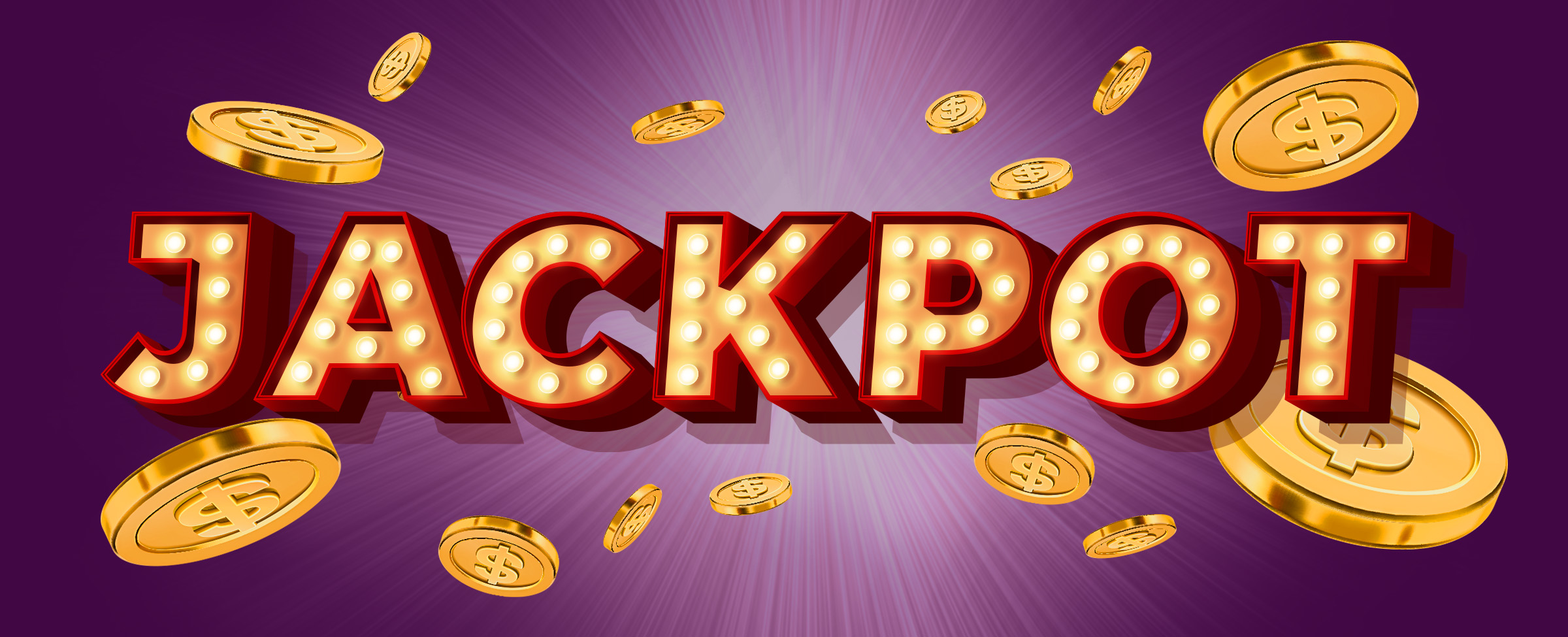 A large 3D in Vegas-style font saying Jackpot appears in front of gold coins moving through the air on a purple background with a beam of light coming from behind