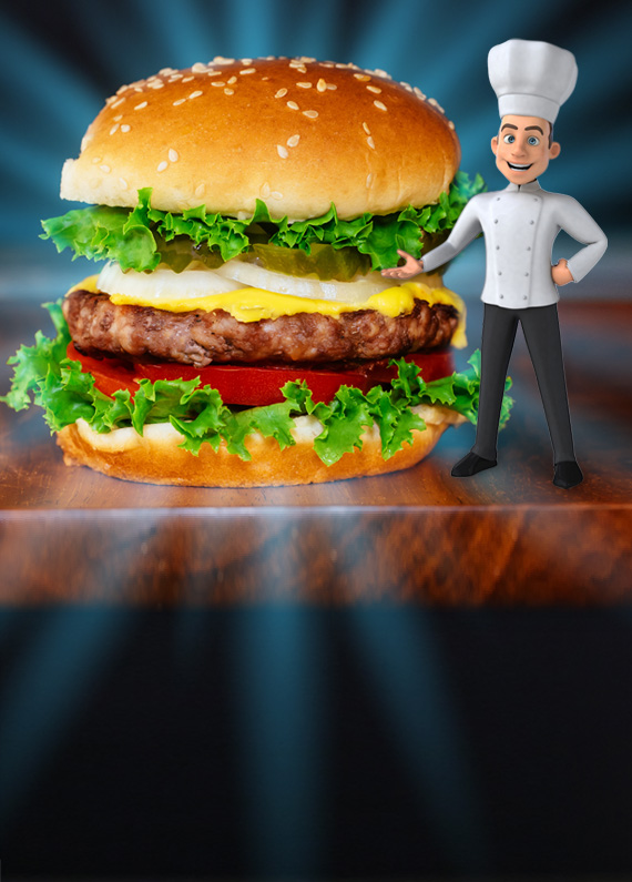 A tall beef burger sits atop a dark wooden bench, while a miniature 3D-animated chef stands to its right, with one hand on his hip, and the other gesturing towards the burger.