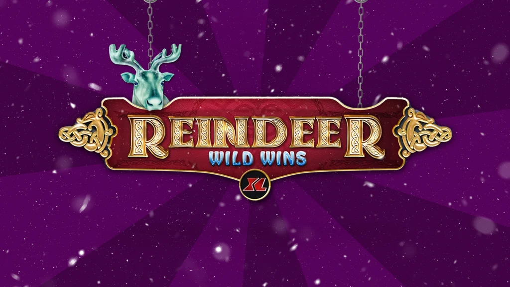 A sign that says Reindeer Wild Wins XL (a Cafe Casino online slots game), hangs on thin chains as an aqua-colored reindeer pokes out from above it.