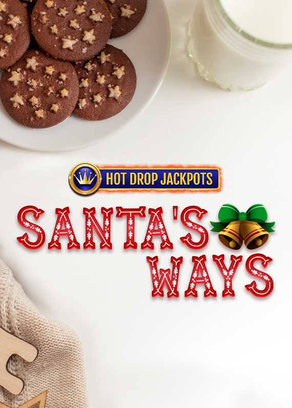 The Cafe Casino slot game logo for Santa’s Ways Hot Drop Jackpot features prominently in the middle of the image, accompanied by a plate of chocolate cookies and a glass of milk above, while below, a knitted sweater is seen poking out in one corner with wooden Christmas shape cut-outs sitting on top.