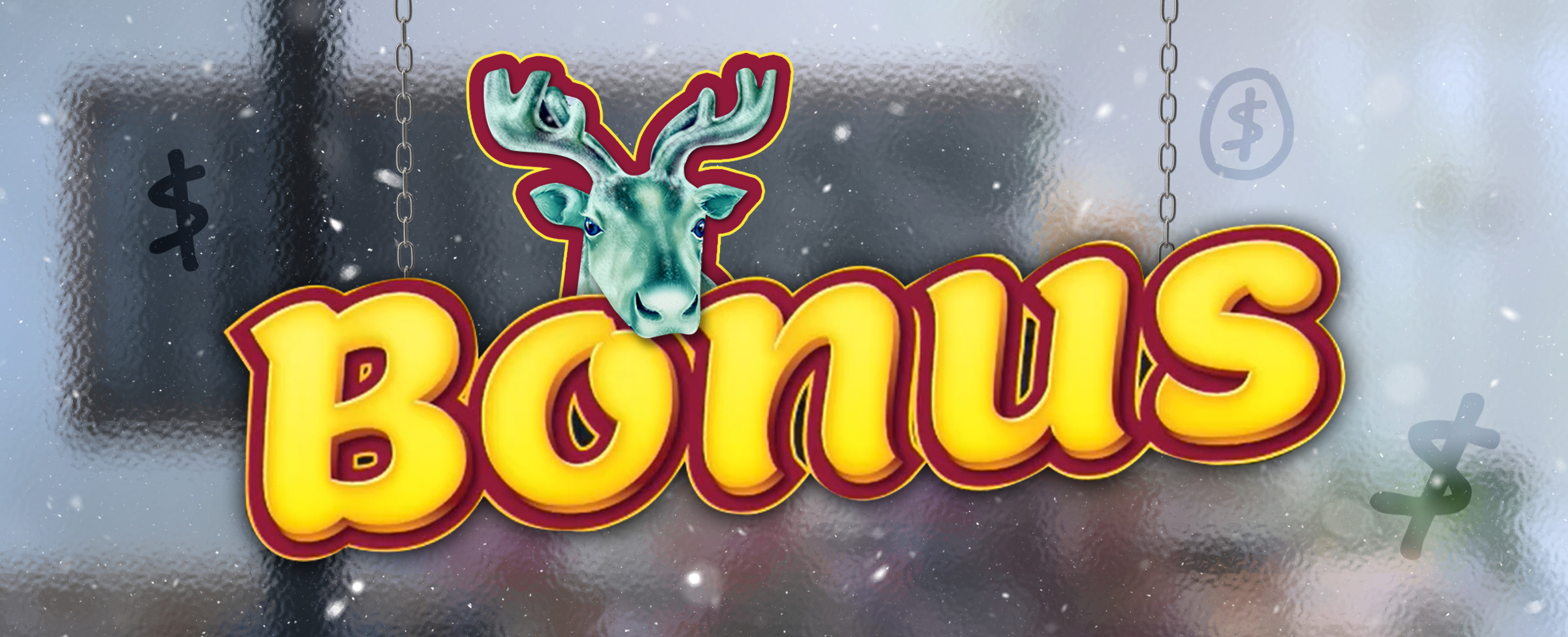 A bright sign hangs in a shop front window from thin chains on either side, the feature of which is the word “Bonus”, with an aqua monotone reindeer positioned between above it.