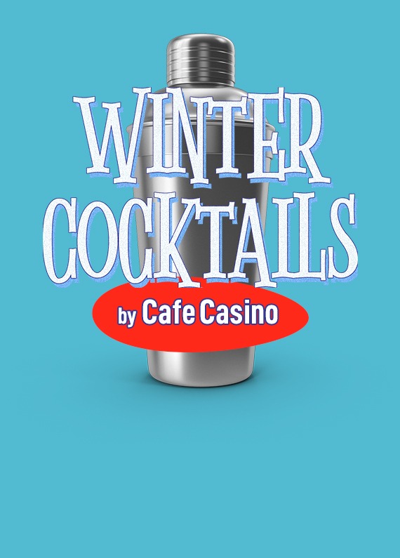 A 3D illustration of a silver cocktail tumbler sitting on a blue table with the words Winter Cocktails by Cafe Casino overlaid.