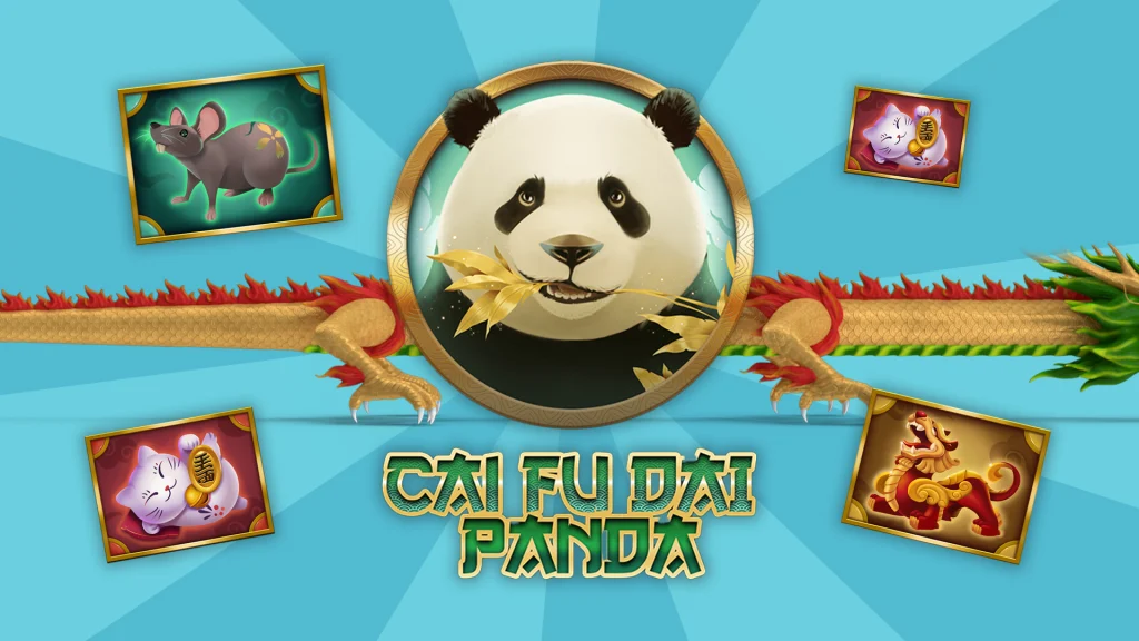 A panda from the Cafe Casino online slot, Cai Fu Dai Panda, is centered, surrounded by symbols from the slot including a cat, mouse and dragon. 