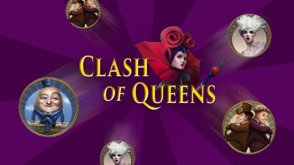 The Clash of Queens slots game logo with slots game symbols surrounding it, on a purple background.