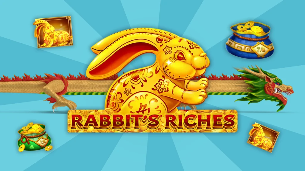 A golden decorative rabbit is centered, surrounded by golden symbols from the online slot, Rabbit’s Riches. 