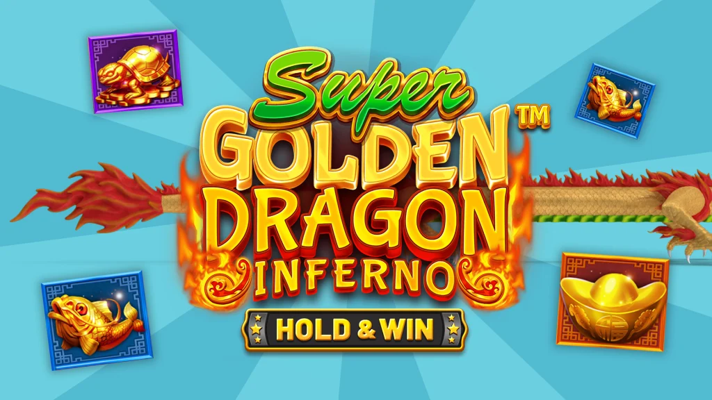 The logo of the Cafe Casino online slot, Super Golden Dragon Inferno, is centered, surrounded by Chinese cultural symbols from the game. A dragon tail also features in the background.