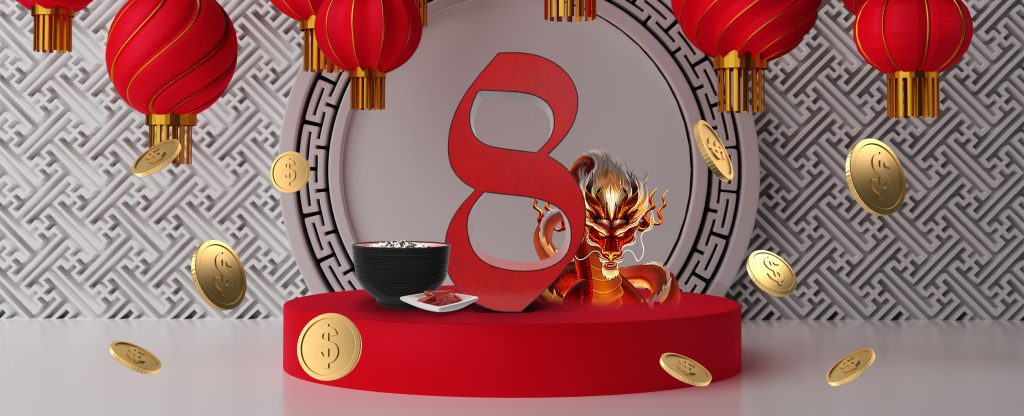 A large, cut-out letter 8 sits atop a small stage, flanked by an animated dragon from the Cafe Casino online slots game Dragon Blast, while overhead, eight red lanterns are hung, with floating coins surrounding the stage.