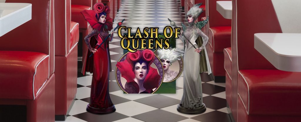 Two animated queens - one dressed in red, the other in silver, appear either side of the Cafe Casino slot game logo, Clash of Queens, standing on a black and white-checkered floor, inside an American diner.