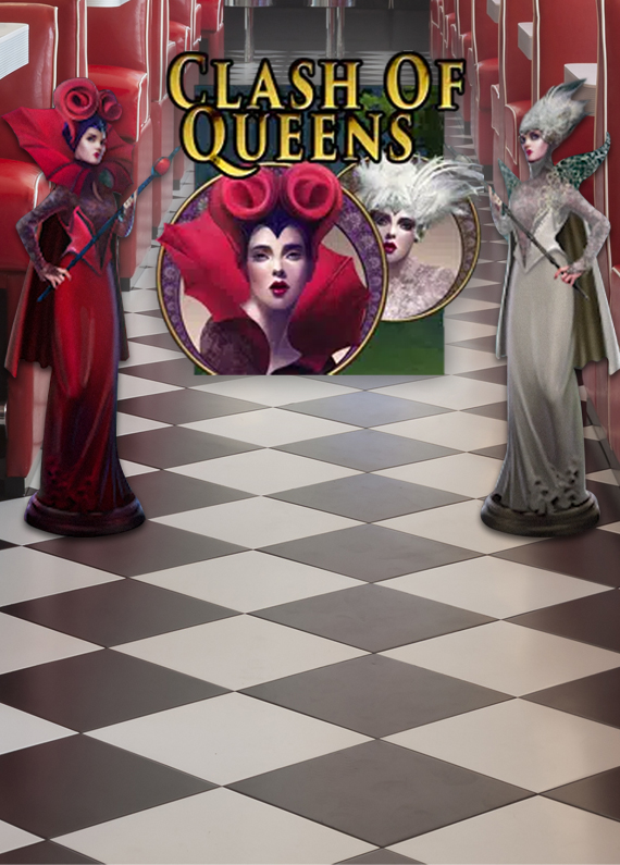 Two animated queen characters from the Cafe Casino slot game, Clash of Queens, appear either side of the logo from the same game, positioned on a black and white-checkered floor inside a ‘50-style American diner.