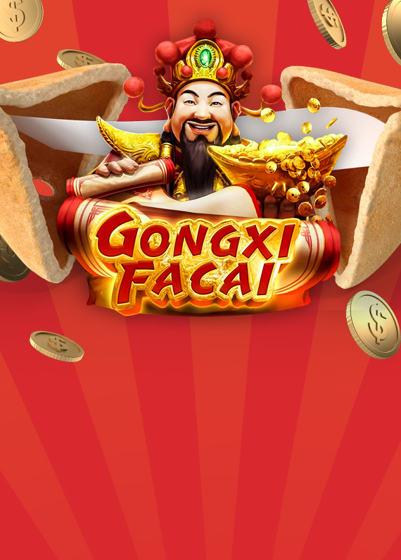 A logo from the Cafe Casino slot game, Gongxi Facai, is seen in the middle of two broken edges of a fortune cookie, set on top of a red background.