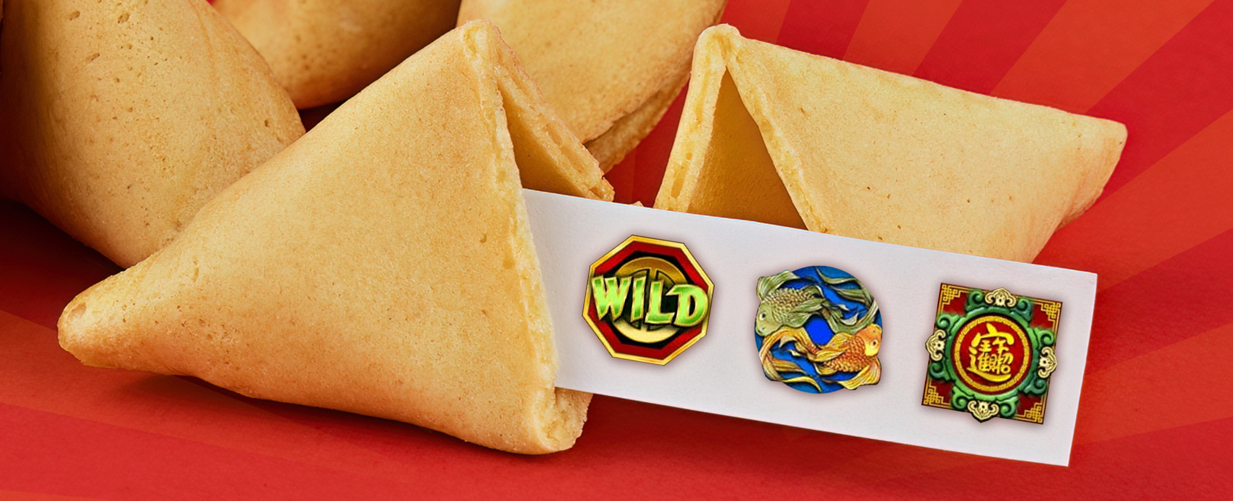 A cluster of fortune cookies is shown against a red background, while inside one of the cookies, a white paper displaying three animated logos which are featured from the Cafe Casino slot game, Gongxi Facai, appears.
