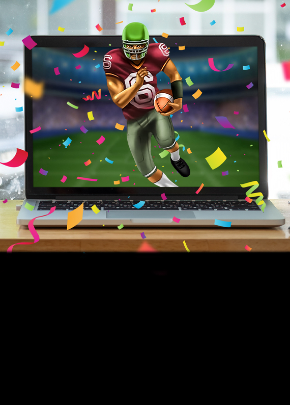 An open laptop sits on top of a wooden bench, previewing a Cafe Casino slot game, depicting a football player running out of the screen and through a cloud of confetti.