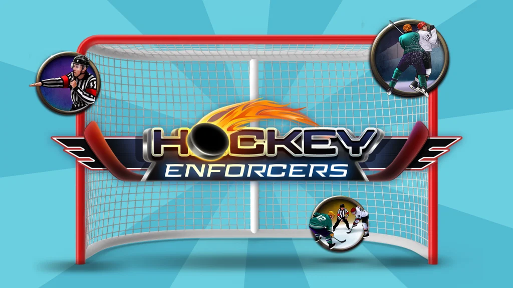 A hockey net is centered around the logo of the Cafe Casino slot, Hockey Enforcers. Also featured are symbols of hockey players from the slot. 