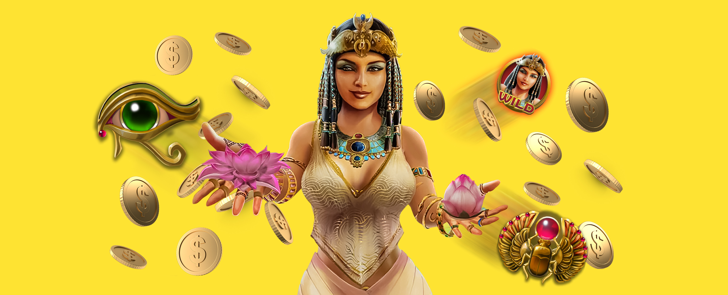 Cleopatra – the 3D-animated character from the Cafe Casino slot game, A Night With Cleo – is featured in the center of a yellow background, surrounded by lucky symbols and gold coins.