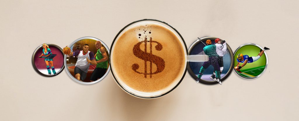 A café latte is seen in the middle of an image, with foam on the top in the shape of a dollar sign. To the left and right of the cup, four circles showing animated sports characters from Cafe Casino slot games are featured.