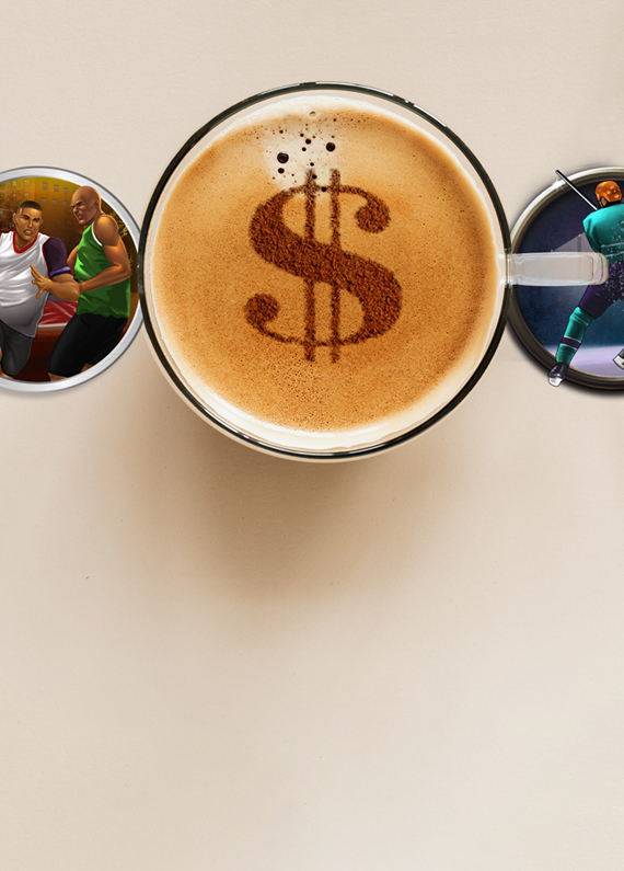 A café latte is seen in the middle of a screen with a dollar sign on top made from the foam. To the left and right, two circles with sports characters from Cafe Casino slot games are featured.