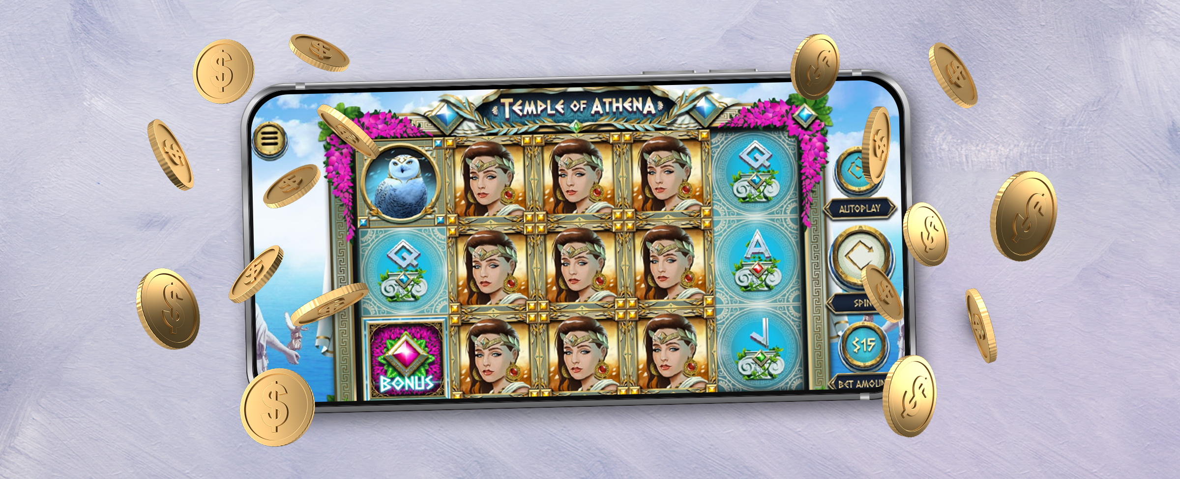 A mobile phone sits atop an off-white table surface, showing a preview of the Cafe Casino slot game, Temple of Athena Hot Drop Jackpots, which is featuring reels showing game symbols. In the foreground are falling gold coins.