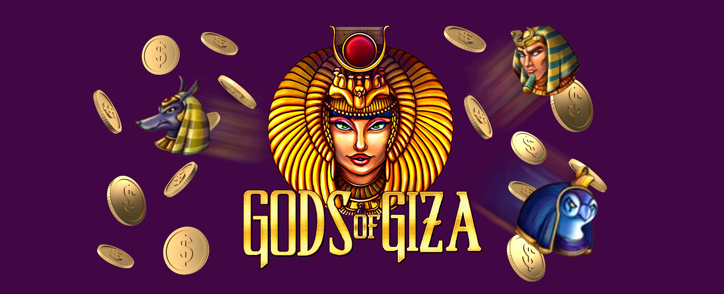 The logo from the Cafe Casino slot game, Gods of Giza Enhanced, is pictured against a purple background, surrounded by symbols from the slot and floating gold coins.