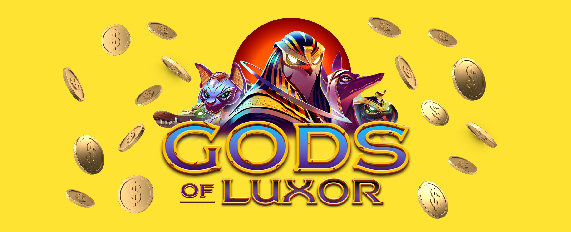 The logo consisting of 3D-animated characters from Cafe Casino’s slot game, Gods of Luxor, is pictured in the center of a yellow background, surrounded by gold coins.