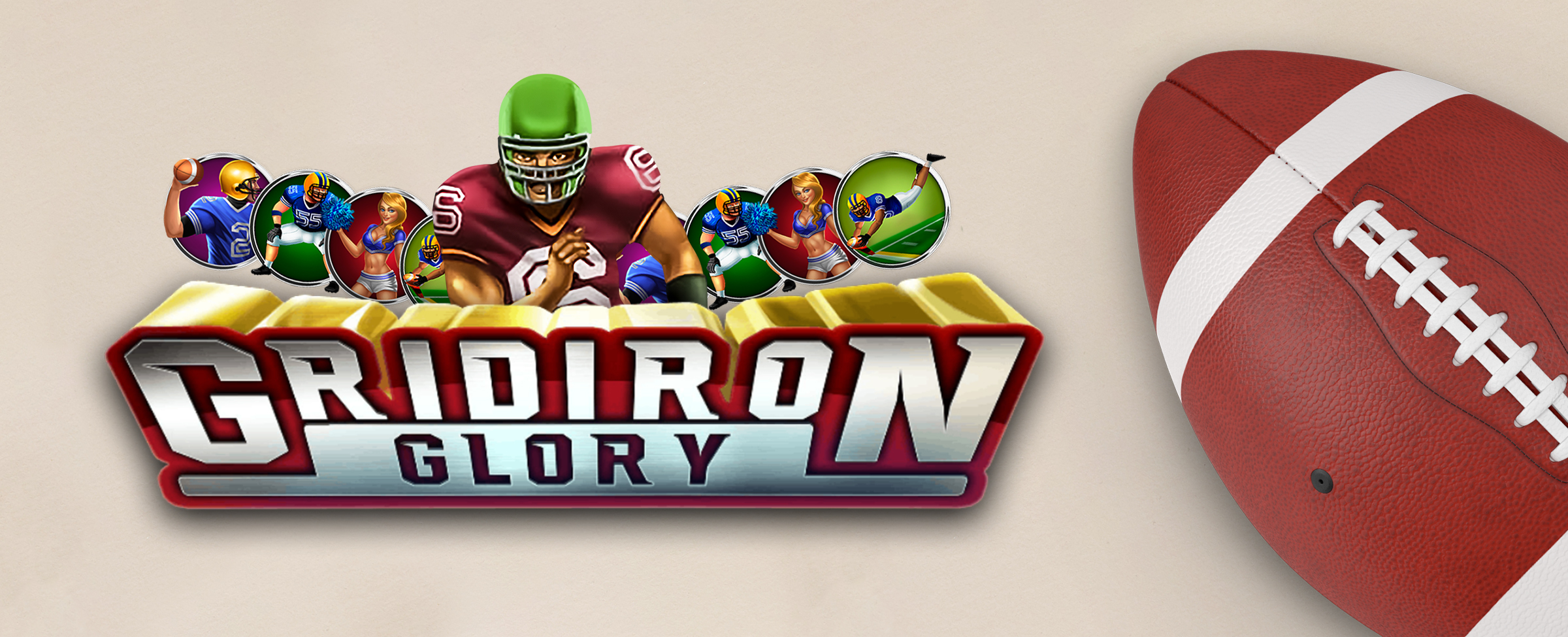 The logo from the Cafe Casino slot game, Gridiron Glory, is shown prominently in the image, hovering atop an off-white table surface. To its right, coming out of the screen is a football.