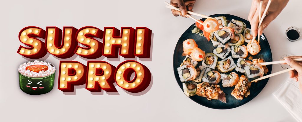 A large black share platter is seen on a white bench surface, hosting a selection of sushi rolls and sashimi, with three hands using chopsticks to pick up their selection. To the left, is a large Vegas-style sign that reads “Sushi Pro”, with an animated sushi illustration beneath it.