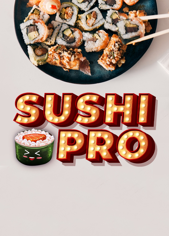 Hovering over the middle of a white table surface is a Vegas-style sign that reads “Sushi Pro”, with an animated sushi illustration beneath it. Above, is a large share platter of sushi slices and sashimi, with a pair of chopsticks picking up a slice of sushi.