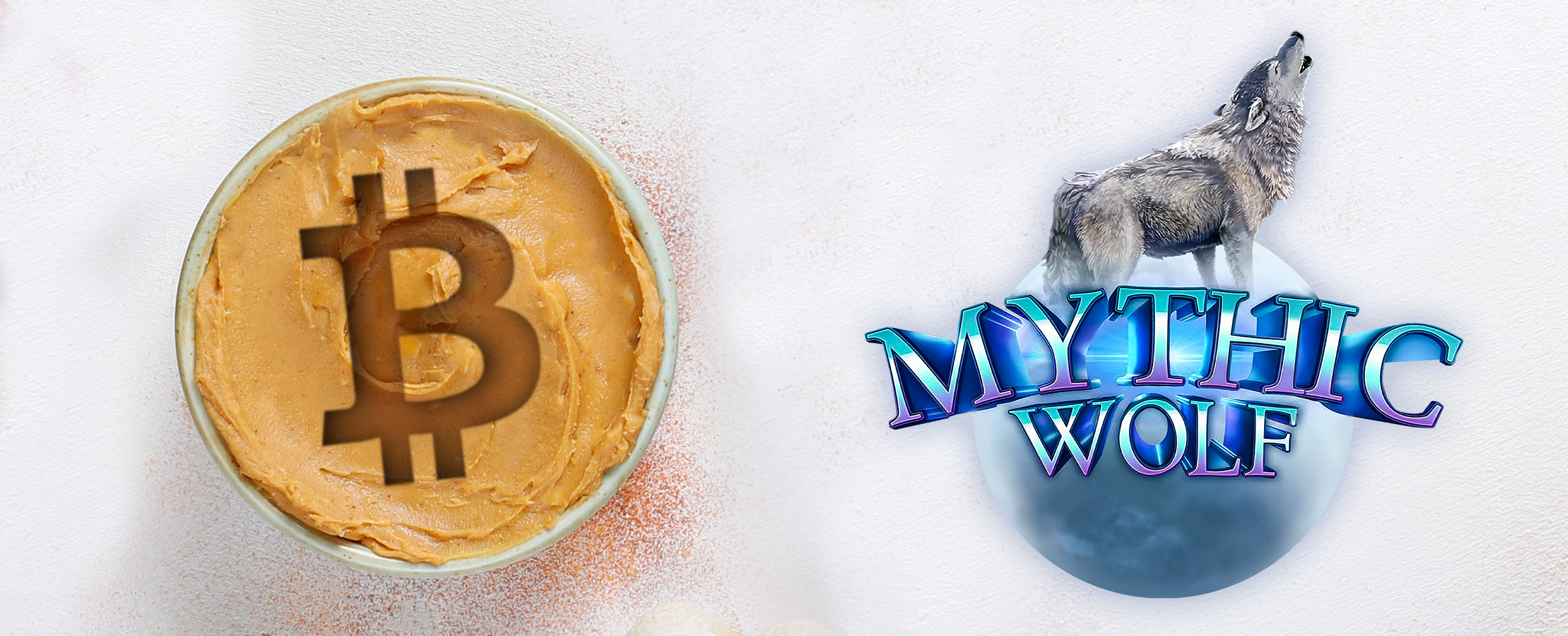 A coffee cup filled with a peanut butter latte and a dusted ‘B’ from the bitcoin logo sits atop an off-white table surface. To the right is the main logo from the Cafe Casino slot game, Mythic Wolf, which is depicted by a 3D moon with a howling wolf on top, and the words from the game’s name written across the moon.