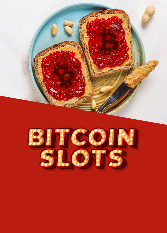 Two pieces of toast with peanut butter and jelly sit on a blue plate, atop an off-white table surface, and accompanied by a knife with peanut butter on it. To the bottom, a red overlay color is shown with a Vegas-style sign that reads, Bitcoin Slots.