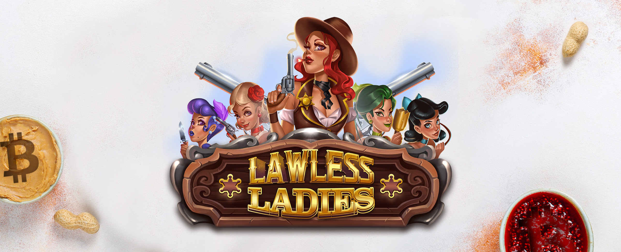 The main thematic logo from the Cafe Casino slot game, Lawless Ladies, is seen in the middle, and includes five female characters from the game. To the bottom left of the image is a peanut butter latte with a bitcoin ‘B’ stamped on top, while to the bottom right, is a coffee mug filled with red liquid and a bitcoin ‘B’ also stamped on top.