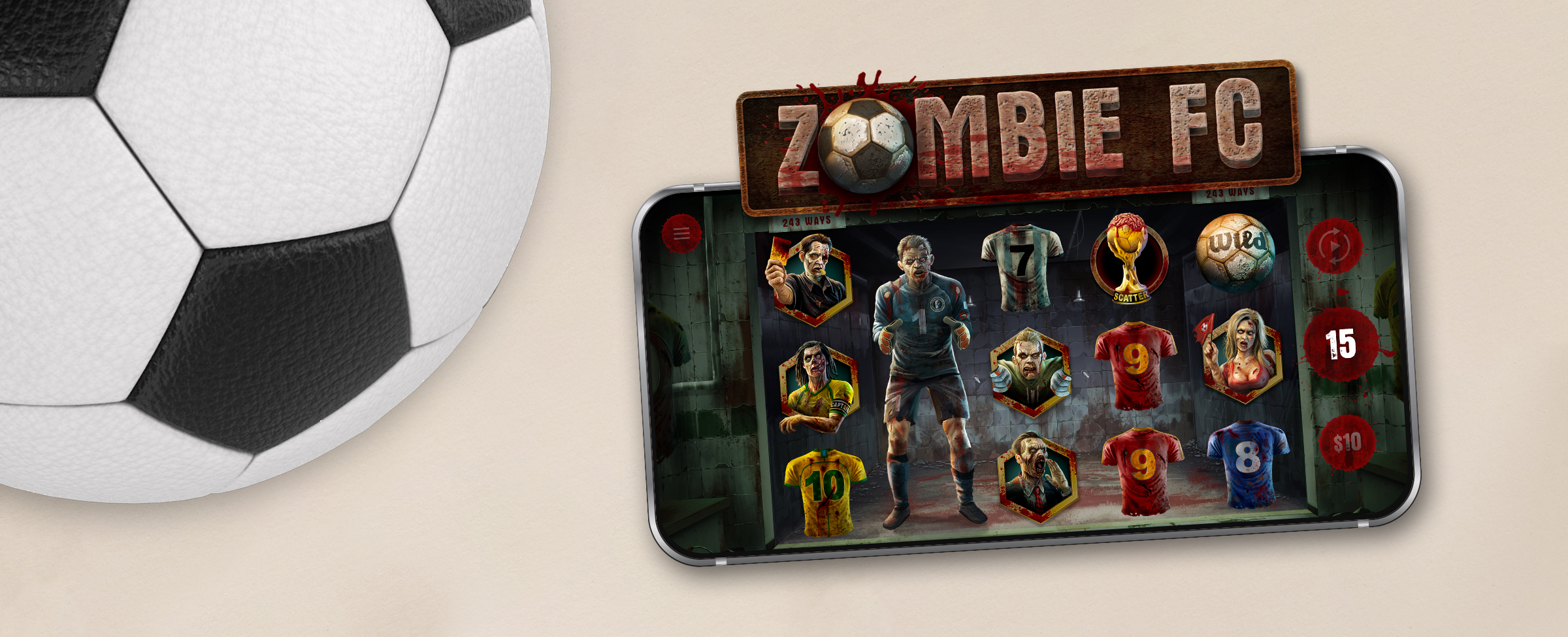 A mobile phone showing a screenshot of the Cafe Casino slot game, Zombie FC, is seen, featuring 3D-animated characters from the game. Just above the mobile screen is the Zombie FC logo, while to the left of the image, a soccer ball is shown entering from the top corner.