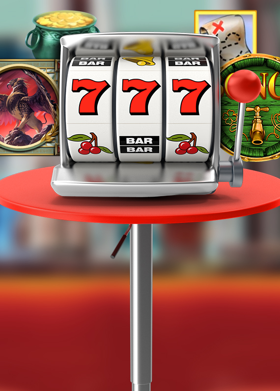 A vintage slot machine with three reels showing three sevens lined up, sits on a round red diner table, surrounded by various slot game symbols from Cafe Casino online slots. Behind, is an out-of-focus bar in an American-style diner.